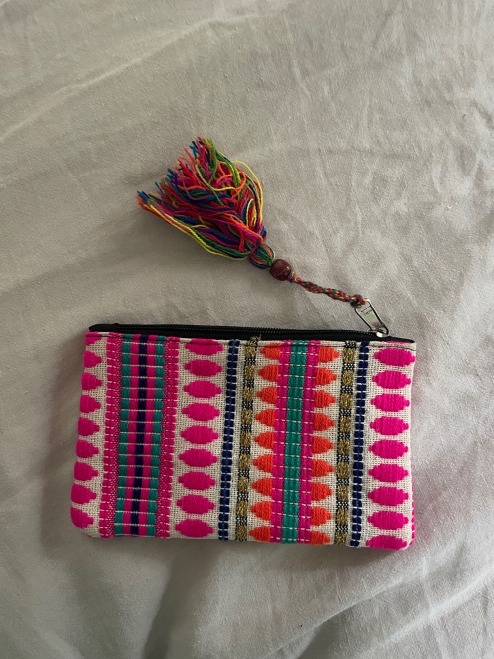 Handwoven Pink Multicolor Zip Clutch with Tassel